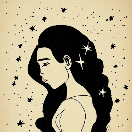 Image similar to A black ink portrait of a lonely beautiful woman with pouted lips and the the constellation in her black flowing hair