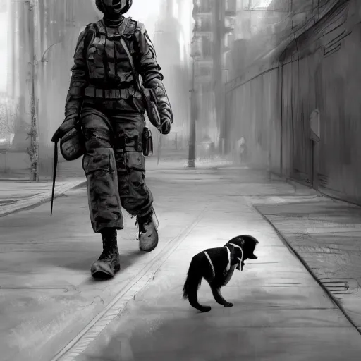 Image similar to black and white female soldier with sniffer dog exploring urban environment, concept art trending on art station 4k award-winning unreal engine