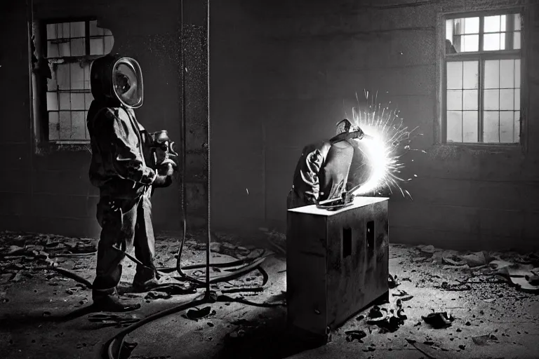 Image similar to welder in welding mask in abandoned office building, ominous lighting, by richard avedon, tri - x pan stock