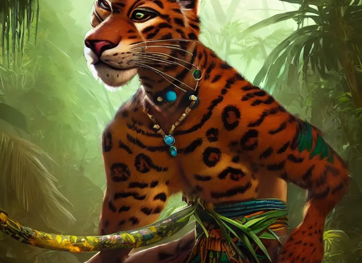 Prompt: character portrait feature of the anthro male anthropomorphic jungle cat jaguar fursona animal person wearing shaman tribal outfit robes belt standing in the amazon rainforest two legs, character design stylized by charlie bowater, ross tran, artgerm, makoto shinkai, detailed, soft lighting, rendered in octane