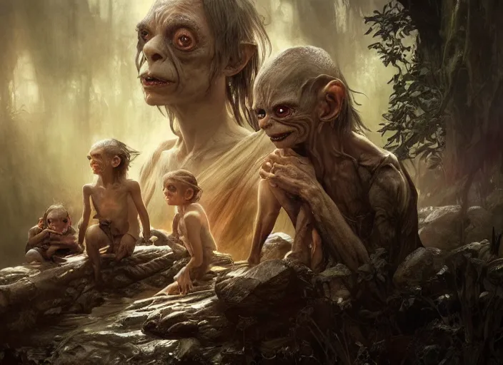 Image similar to a dramatic highly detailed render of Gollum family , Middle-earth , by WLOP and Artgerm and Greg Rutkowski and Alphonse Mucha, Beautiful dynamic dramatic dark moody lighting, shadows, cinematic atmosphere, Artstation, concept design art, Octane render, 8K, masterpiece, sharp focus, hyperrealistic