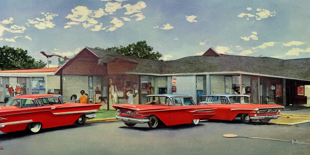 Prompt: 1 9 6 0 s americana painting of a motel with a car parked outside by norman rockwell, panovision