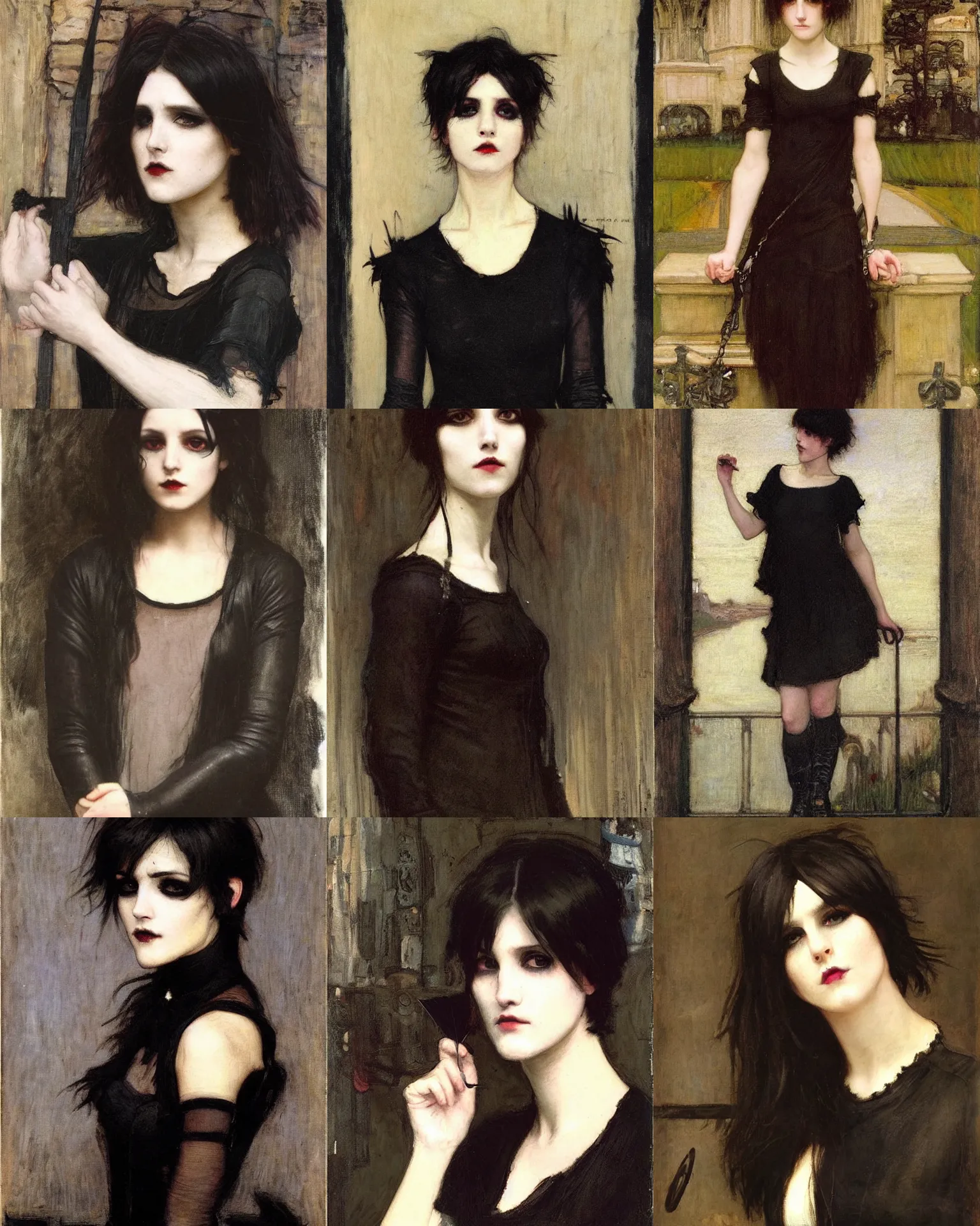 Prompt: A goth portrait by John William Waterhouse. Her hair is dark brown and cut into a short, messy pixie cut. She has a slightly rounded face, with a pointed chin, large entirely-black eyes, and a small nose. She is wearing a black tank top, a black leather jacket, a black knee-length skirt, a black choker, and black leather boots.