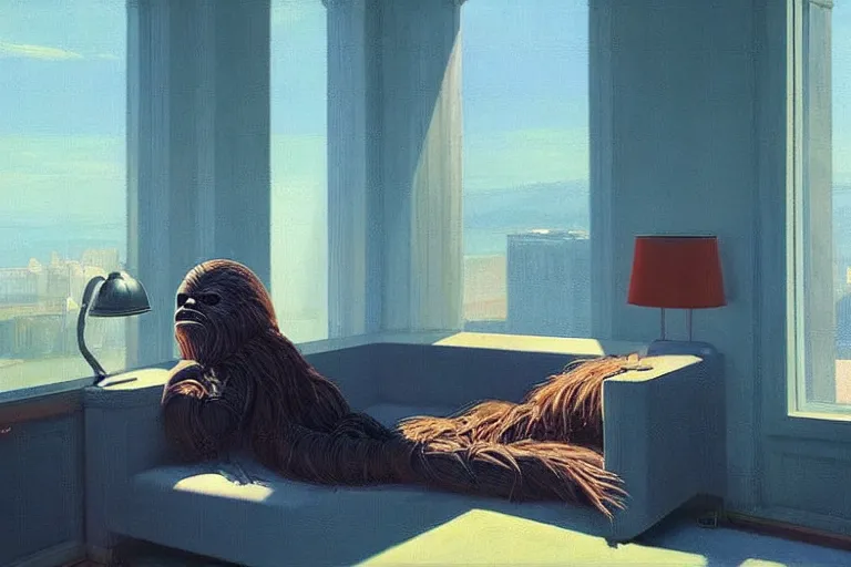 Image similar to wookiee comfy at home trading crypto on a laptop. the charts are at all - time - highs, painting by edward hopper, 3 d rendering by beeple
