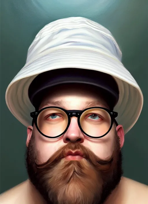 Prompt: a _ fantasy _ style _ portrait _ painting _ of chubby white male with bucket hat and circle glasses, rough beard, oil _ painting _ unreal _ 5 _ daz. _ rpg _ portrait _ extremely _ detailed _ artgerm _ greg _ rutkowski _ greg