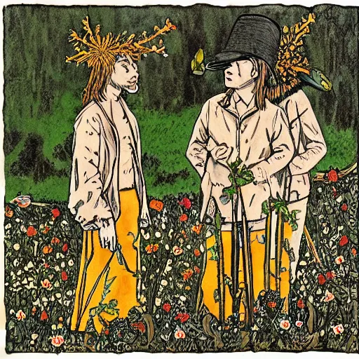 Prompt: midwich cuckoos wyndham. folk horror. highly detailed. burning crowns on their heads, lots of flowers