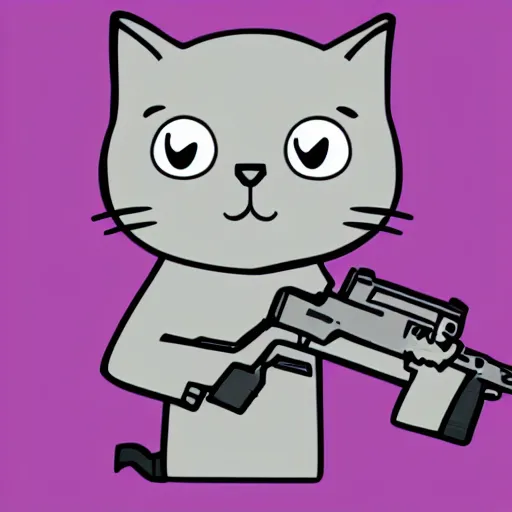 Prompt: cute grey cat holding gun, comic style, video game, pink background, no letters