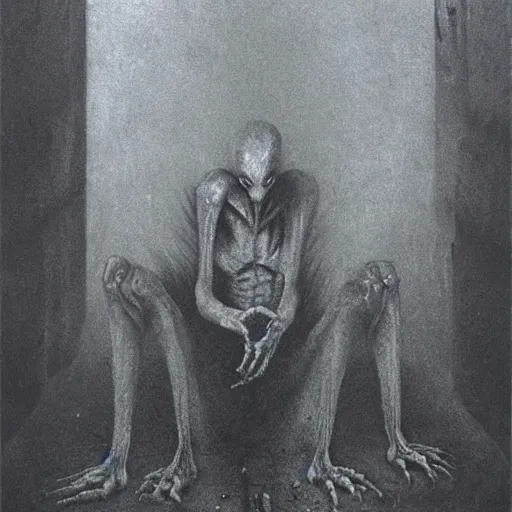 Image similar to demonic alien with long fingers at the foot of the bed in a dark room, tombstones, cows, beksinski