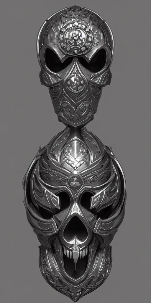 Image similar to a black and silver shield skull crest, ornament, weapon, a 3 d render by dom qwe, trending on polycount, artstation, hard surface modeling, zbrush, symmetry