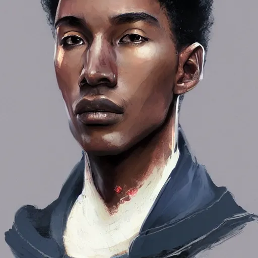 Image similar to portrait of a man by greg rutkowski, he is about 2 0 years old, mixture between afroamerican and japanese, afro hair, young, very tall and slender, he is wearing a futuristic police gear, highly detailed portrait, digital painting, artstation, concept art, smooth, sharp foccus ilustration, artstation hq