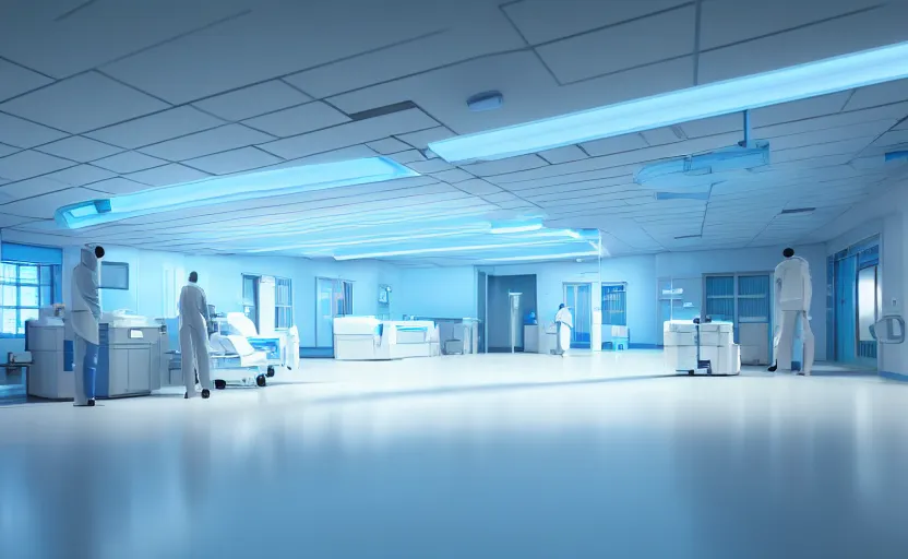 Image similar to a hospital with soft blue lights in the roof, octane render, artstation trending, highly detailded