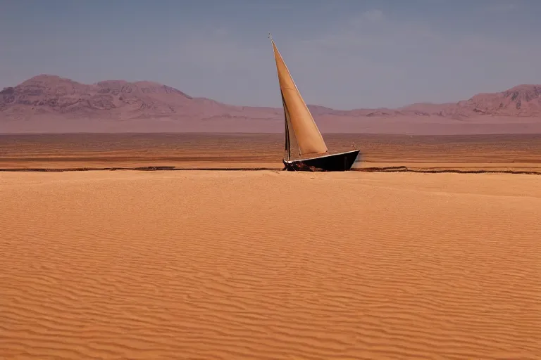 Prompt: photograph of a boat with two sails sailing in a desert, wide shot, atmospheric