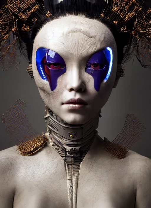 Image similar to portrait of a futuristic geisha cyborg, in the style of ghost in the shell, kintsugi, modern fine art, fractal, intricate, elegant, highly detailed, digital photography, subsurface scattering, by jheronimus bosch and erwin olaf and pieter hugo and bruce davidson and greg rutkowski,