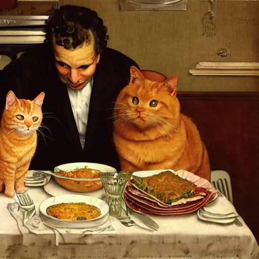 Prompt: fat orange tabby cat next to curly haired man and lasagna on table, norman rockwell