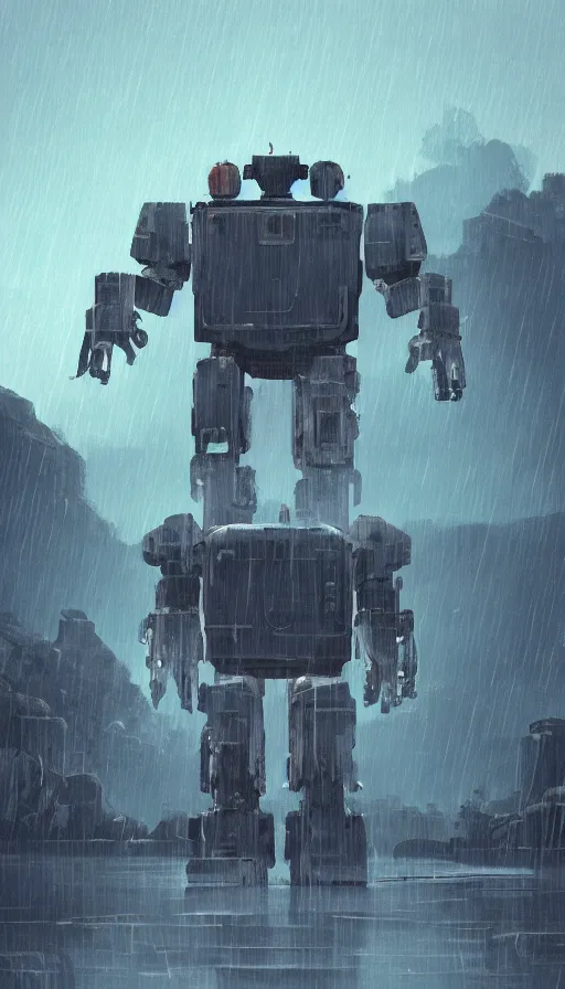 Image similar to a giant broken robot in rain, tired, island, rustic, dormant, nearby, sharp focus, james gilleard, cinematic, game art, extremely detailed digital painting, print