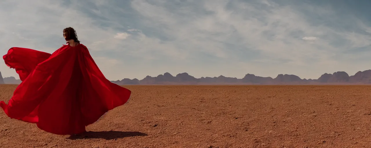 Image similar to A woman dancing in an endless red cape that ribbons across the sky into the distance, floating in the sky above a desert, film still, anamorphic