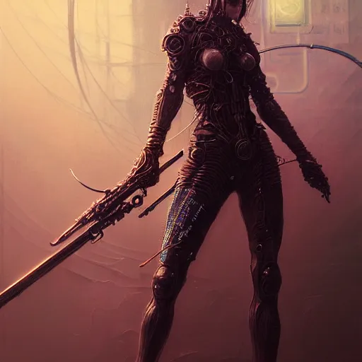 Image similar to a highly detailed long shot photo of cyberpunk female character by ayami kojima, elf, beksinski, giger, elf, wielding scythe, intricate, digital painting, artstation, concept art, smooth, sharp focus