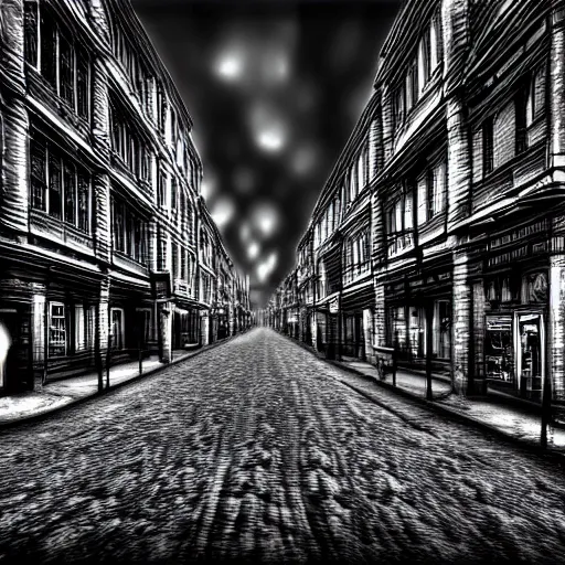 Prompt: black and white photo of street city, deep dream