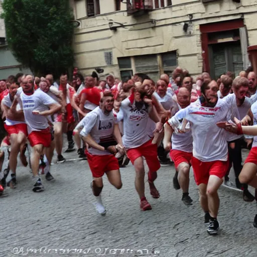 Prompt: the running of the bob rosses screaming in pamplona spain