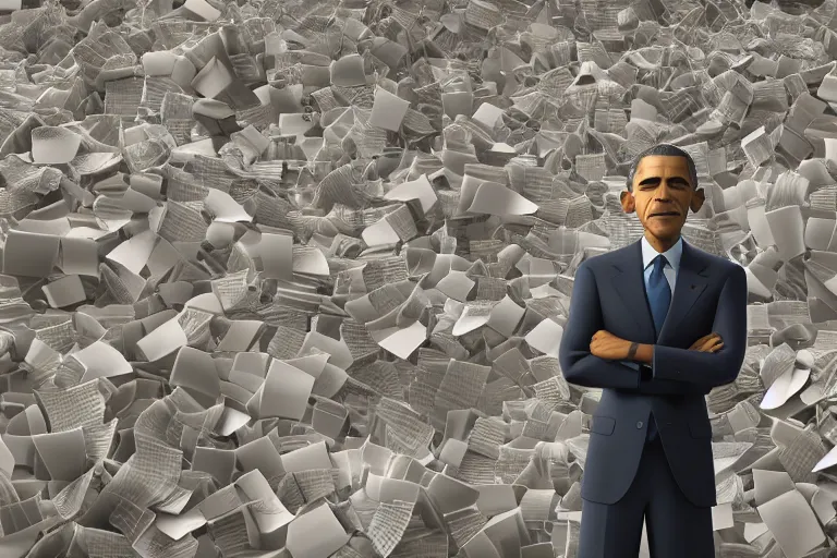 Image similar to obama nervously standing by a mountain of papers, still from a pixar movie, high quality 3 d render, movie, pixar, renderman, 4 k, artstation