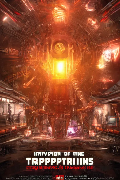 Image similar to a movie poster, invasion of the tripmachines, realistic digital art, 3 d render of a huge futuristic steampunk generator inside a steampunk machinery, 8 k, fluorescent colors, halluzinogenic, multicolored, exaggerated detailed, unreal engine