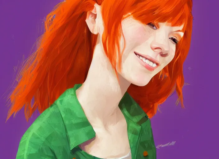 Image similar to portrait of a beautiful smiling girl with orange hair and freckles, green eyes, style by Gretel Lusky, artstation, concept art, background is purple