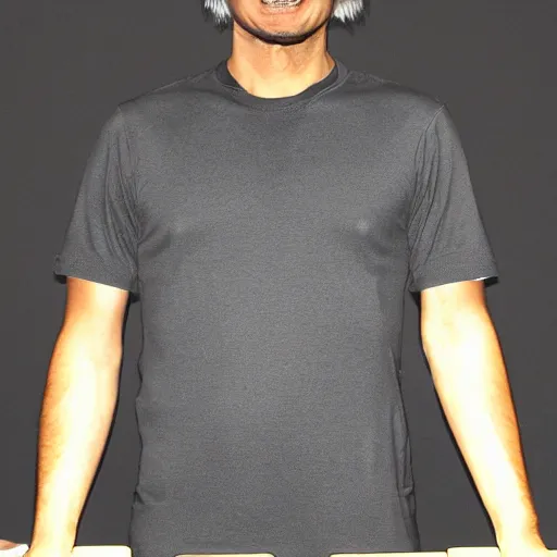 Image similar to Shirstless buff Satoshi nakamoto working at Apple