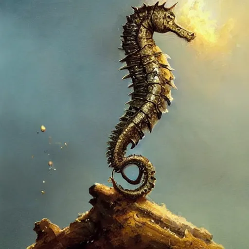 Prompt: a beautiful painting by greg rutkowski and michael whelan, trending on artstation a wasteland of nuclear bombs that failed to go off, 8k resolution incredible digital illustration added Featured seahorse nailed to gold chainsword