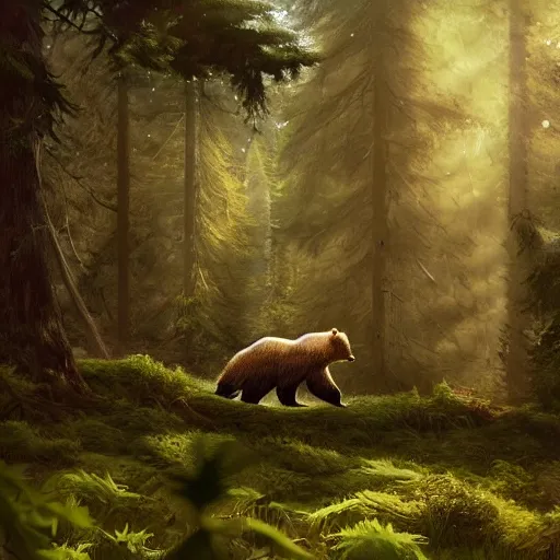 Image similar to a realistic bear, beautiful, proportionate, atmosphere, vibe, forest, lot of trees, fern, flowers, concept art illustration, color page, tone mapping, akihiko yoshida, james jean, andrei riabovitchev, marc simonetti, digital illustration, greg rutowski, volumetric lighting, sunbeams, particles