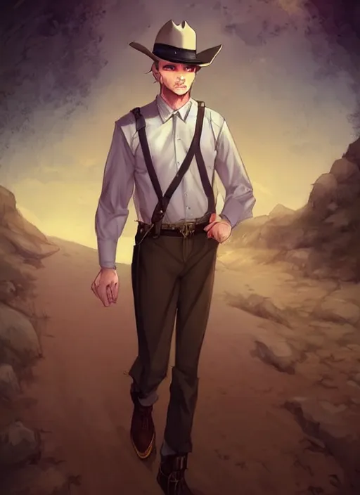 Image similar to beautiful portrait commission of a male furry anthro timber wolf old-timey Sherriff wearing white dress shirt with suspenders in an old-timey desert town. Atmospheric. Character design by charlie bowater, ross tran, artgerm, and makoto shinkai, detailed, inked, western comic book art