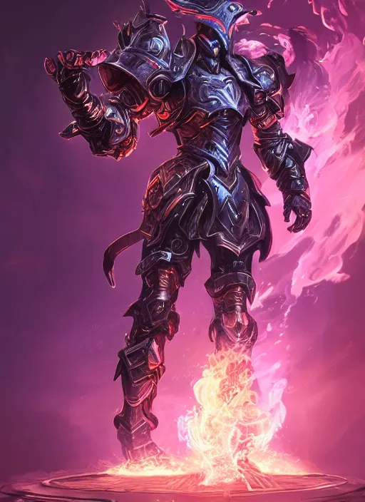 Image similar to a highly detailed illustration of fantasy cyber knight with machine gun arms, with flaming plume, rigid bulky armor, purple glowing core in armor, dramatic standing pose, intricate, elegant, highly detailed, centered, digital painting, artstation, concept art, smooth, sharp focus, league of legends concept art, WLOP