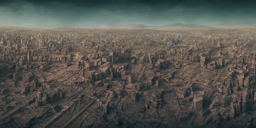 Prompt: photo of city on mars, aelita, phalanster, norilsk city, telephoto, anamorphic cinematography, beautiful composition, color theory, leading lines, photorealistic, moody volumetric lighting