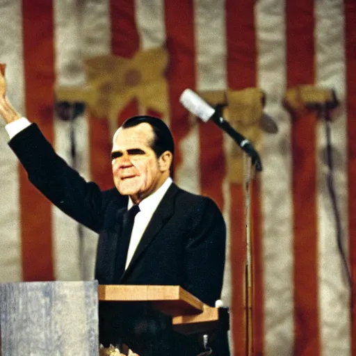 Prompt: wood carving of richard nixon giving a speech in 1 9 6 8