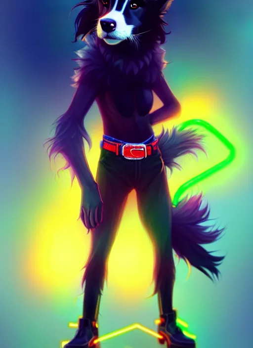 Image similar to wide angle beautiful full body portrait of a cute male anthropomorphic anthro border collie fursona wearing cowboy outfit in a neon metropolis, character design by charlie bowater, henry asencio, and ross tran, furry art, furaffinity, beautiful, glamor pose, detailed, aesthetic, trending on artstation