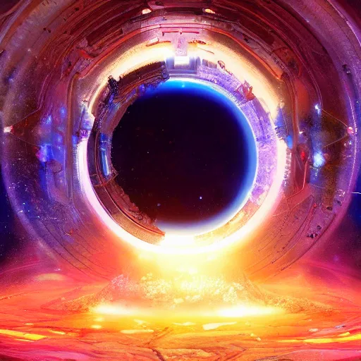 Image similar to a cosmic portal in space that leads to a beautiful world, au naturel, hyper detailed, digital art, trending in artstation, cinematic lighting, studio quality, smooth render, unreal engine 5 rendered, octane rendered, art style by klimt and nixeu and ian sprigger and wlop and krenz cushart