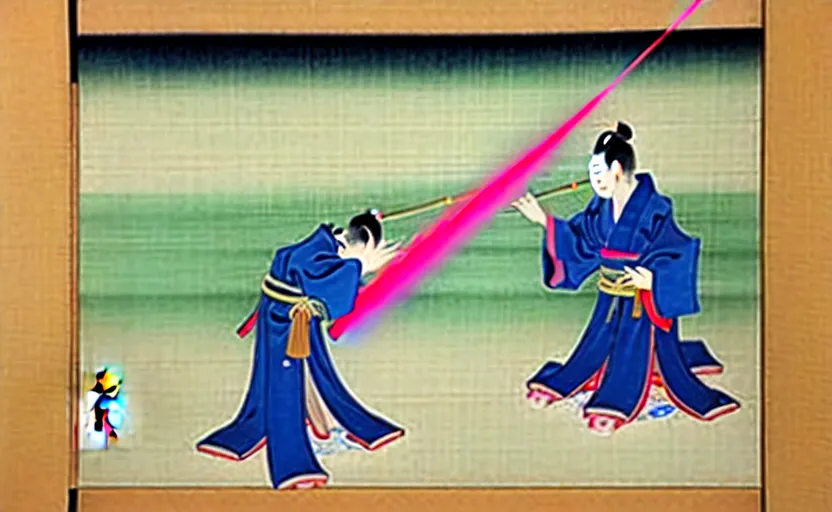 Image similar to a Japanese painting of the emperor of Japan shooting a laser gun