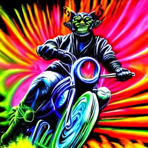 Image similar to psychedelic blacklight airbrush artwork, action shot of an orc biker riding a motorcycle, airbrushed on a black background