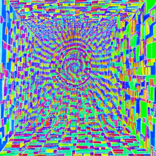 Prompt: A drawing. A rip in spacetime. Did this device in his hand open a portal to another dimension or reality?! bismuth by Sandy Skoglund exciting