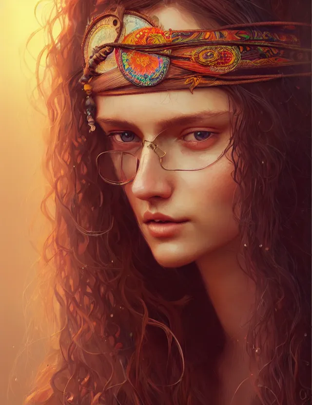 Image similar to portrait of a young woman wearing boho clothing, hippie girl, long hair, groovy hairband, bangs, intricate, smooth, groovy lighting, highly detailed, digital painting, artstation, concept art, smooth, sharp focus, illustration, art by wlop, mars ravelo and greg rutkowski