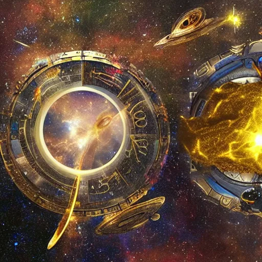 Image similar to the relentless battle between the guardians of space of time both of which are clothed with golden chains and galactic fog and a background overseeing the universe