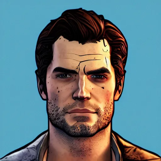 Image similar to henry cavill portrait, borderlands, tales from the borderlands, the wolf among us, comic, cinematic lighting, studio quality, 8 k