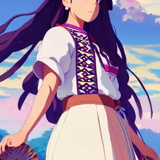 Image similar to a beautiful! plus sized native women instagram model, brown skin, wearing elegant catholic school girl designer fashion with mayan pattern and native style, aztec street fashion, gapmoe yandere grimdark, trending on pixiv fanbox, painted by greg rutkowski makoto shinkai takashi takeuchi studio ghibli, akihiko yoshida