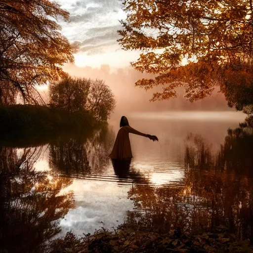 Image similar to a ghostly woman in a white dress rising soaking wet from a misty lake with outstretched arms, high resolution photograph, late autumn, sunset, eerie light