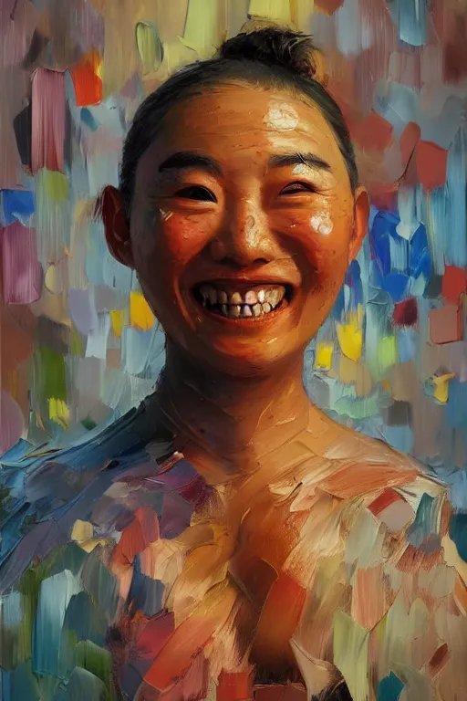 Image similar to palette knife oil painting portrait of jiahao jaja zhang is a podgy, ever - smiling follower. extreme detail, any racial background, artstation trending, artgerm, deviant art, octane, substance, art history 8 k