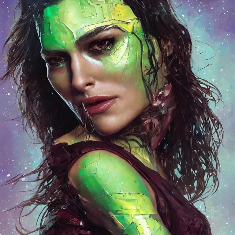Prompt: Keira Knightley as Gamora (Guardians of the Galaxy) by Karol Bak, Sandra Chevrier, beeple, Pi-Slices and Kidmograph, beautiful digital illustration