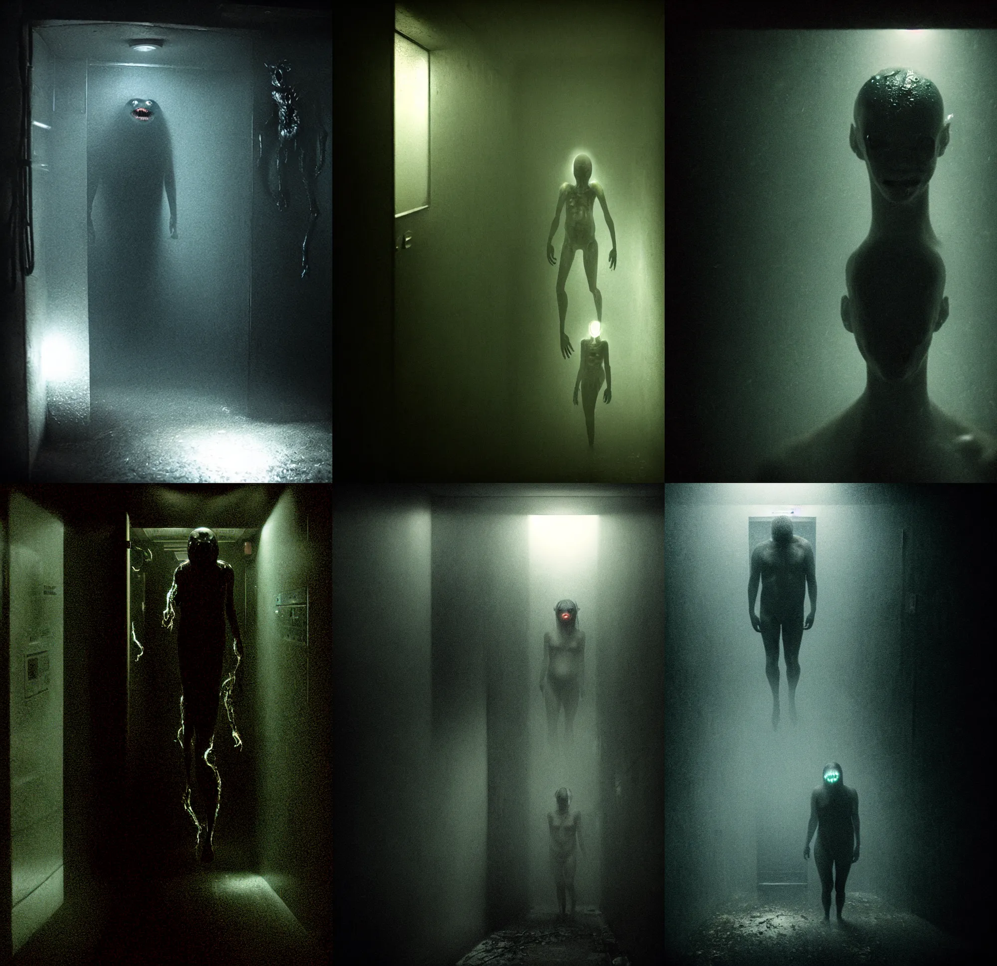 Prompt: in the dark elevator, a full body wet skin creature with glowing eyes, crawling humanoid monsters, smile face, mist, octane rendering, cinematic light. medium shot, 2 4 mm, david fincher, james wan, gritty, moody, eerie, dark artslabcoats, sci - fi equipment, saliva, membrane pregnancy sac, respiratory flap, super realism, claws