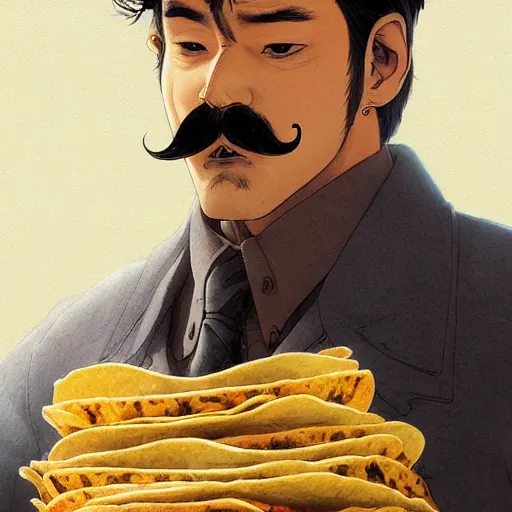 Prompt: a man with a mustache made out of tacos by takehiko inoue and kim jung gi and hiroya oku, by thomas kinkade and greg rutkowski and ilya kuvshinov, masterpiece illustration, ultrarealistic, perfect face and anatomy, golden ratio