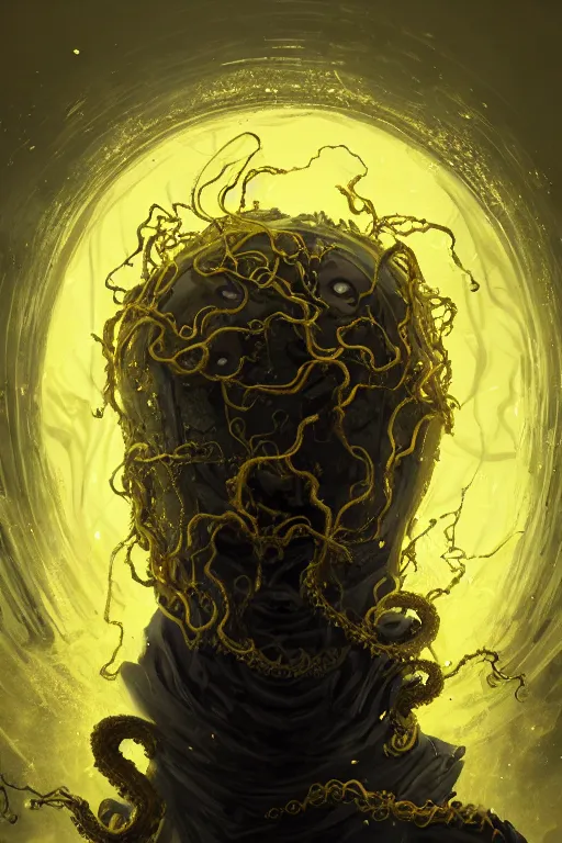 Image similar to A full body portrait of a mysterious character with no face with a very long hooded yellow cloak, a golden crown floating above his head tentacles coming out the ground art by Maciej Kuciara and Jason Chan, ominous, cosmic horror, trending on artstation, Ultra detailed, hyper realistic 4k