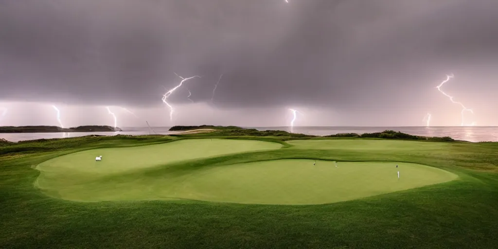 Prompt: a great photograph of the most amazing golf hole in the world, surrounded by water, giant ship wreck, lightning storm, ambient light, golf digest, top 1 0 0, fog