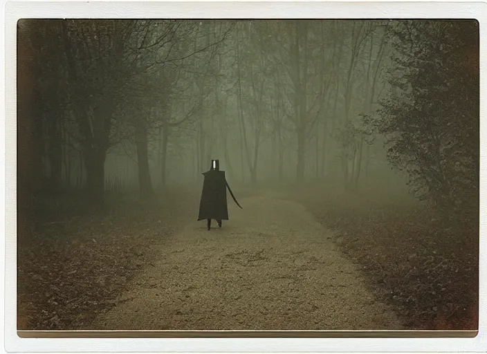 Prompt: medium shot, a plague doctor walks towards a house, woods, horror, night, polaroid photo, vintage, neutral colors, by gregory crewdson,